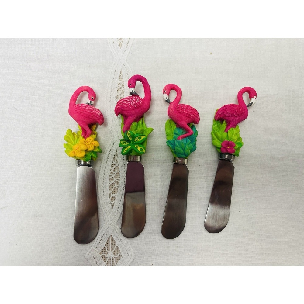 VTG 90s Boston Market Pink Flamingo Cheese Jelly Spreader Novelty Summer Set 4